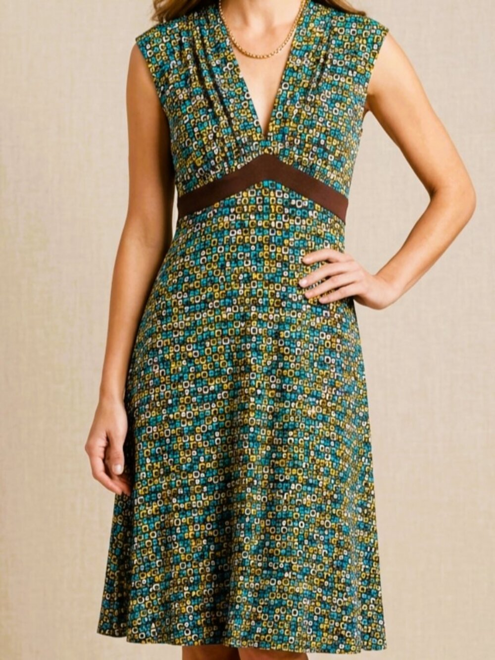 London Style Geometric Mosaic Print V-Neck Empire Waist Dress